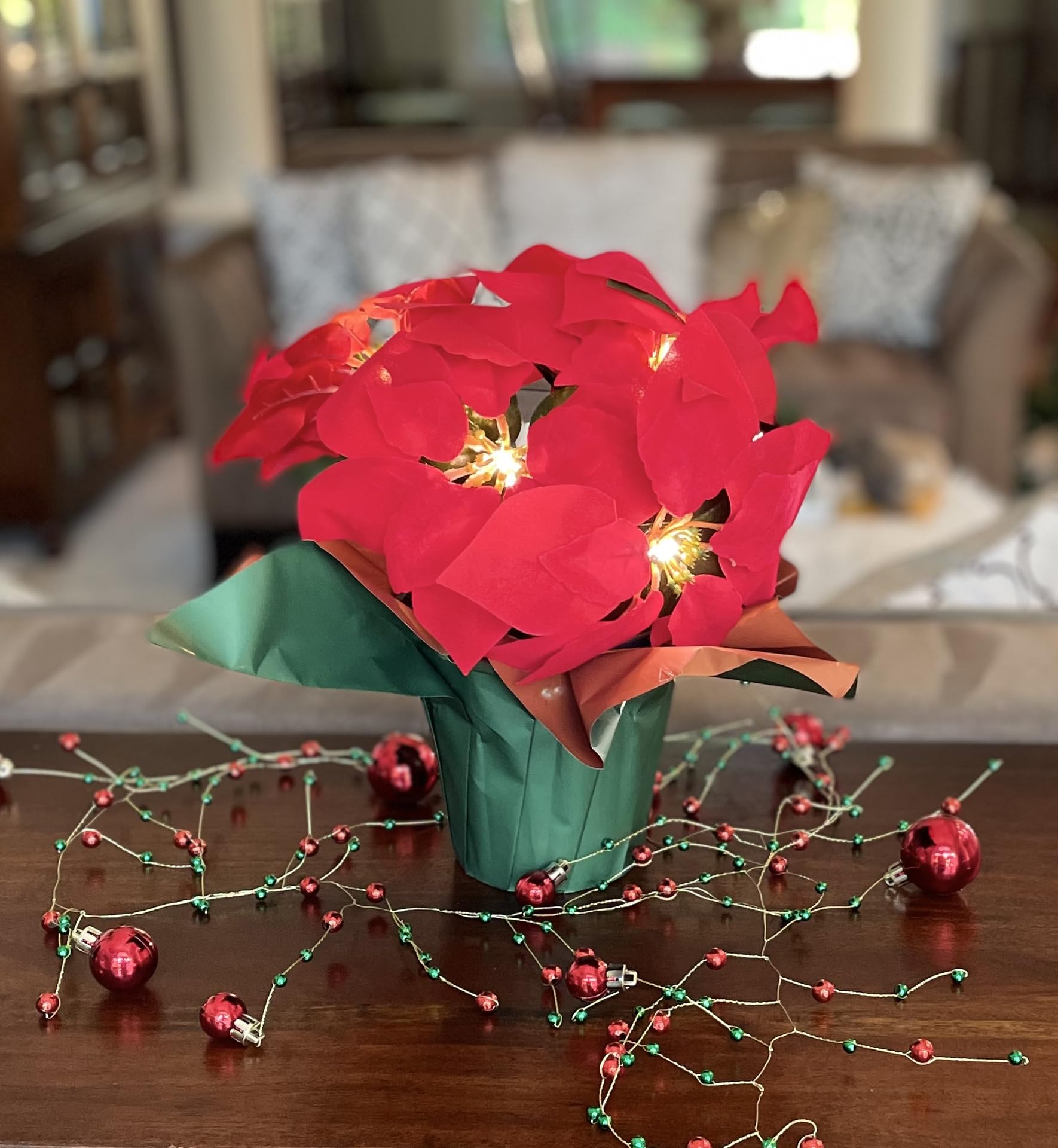 12 Inch LED Lighted Artificial Red Christmas Poinsettia Plant - Battery Operated with Timer - Perfect for Holiday Home Decor, Table Centerpiece, and Festive Party Decorations