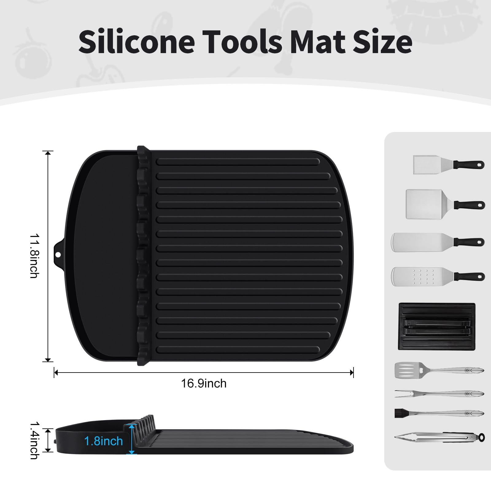 16.9 x 11.8 Inch Heat-Resistant Silicone Griddle Mat for Blackstone Grill - Spatula Holder with Drip Tray, Non-Slip BBQ Utensil Organizer - Perfect for Outdoor Cooking, Camping & Backyard BBQs