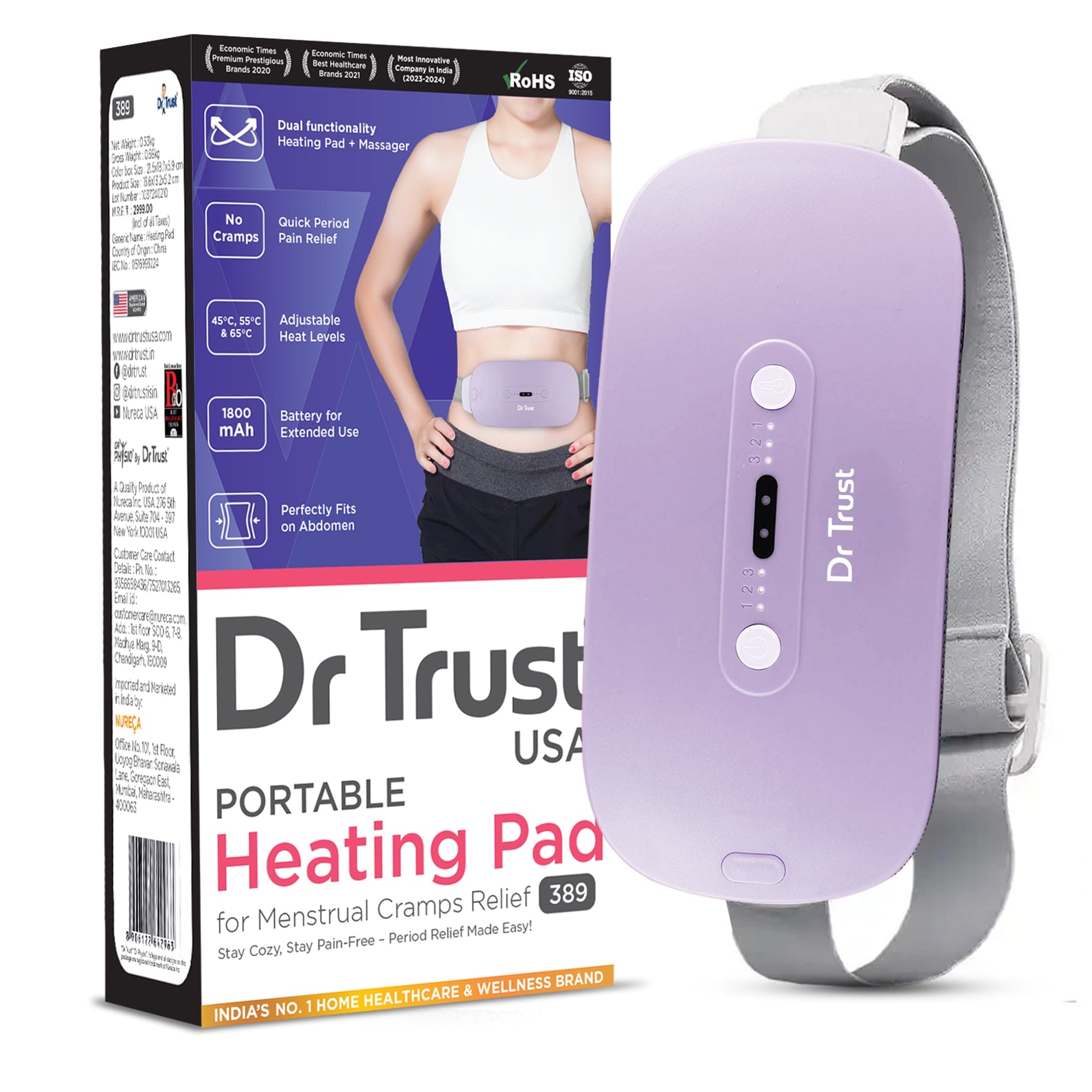 Dr Trust Electric Heating Pad for Women - 3 Temperature & 3 Massage Modes, Portable Cordless Period Pain Relief Belt for Menstrual Cramps, Belly, Back and Stomach Pain - Perfect for Home, Office & Travel Use