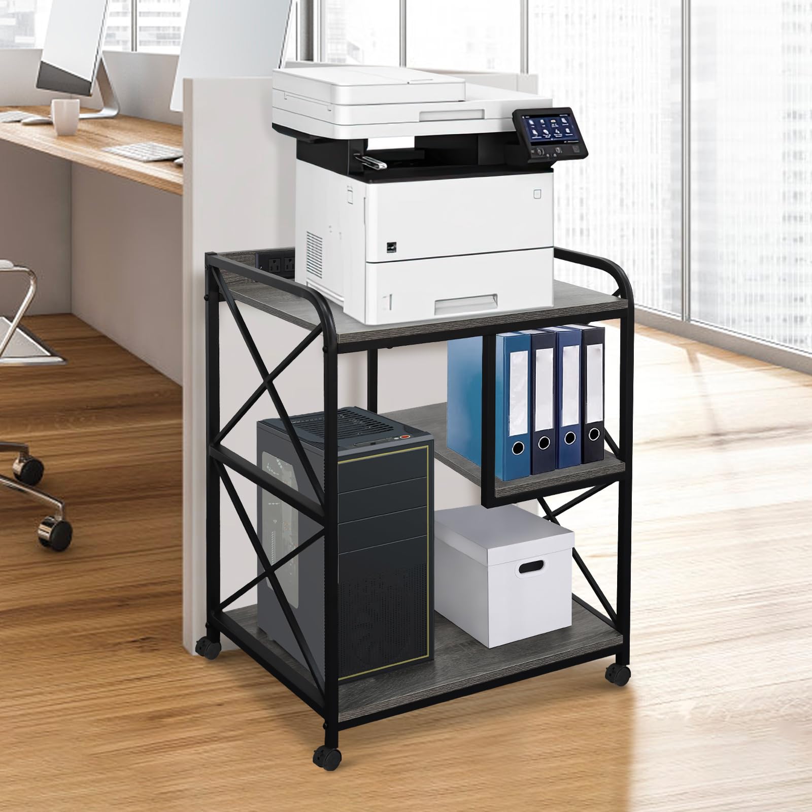23 x 18 Inch Rolling Printer Stand with Storage Shelf & Power Outlet - Mobile Printer Cart Tower for Home Office, Wheels for Easy Movement - Grey Oak Finish | Perfect for Workspace Organization & Small Office Equipment Storage