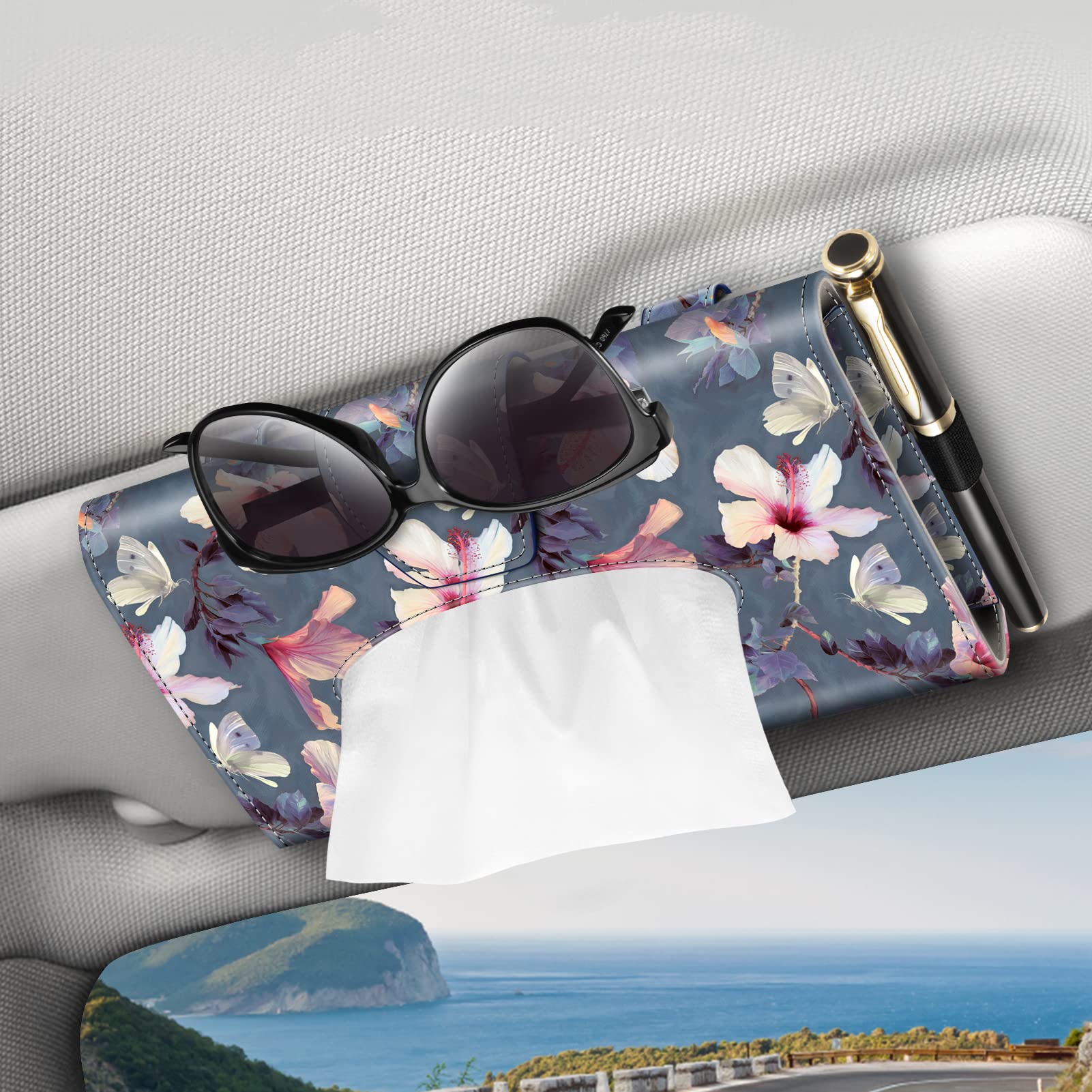 CaseBot Car Visor Tissue Holder - PU Leather Sun Visor Napkin & Mask Organizer for Car, Truck, SUV (Blooming Hibiscus Design) - Perfect for Road Trips, Daily Commutes & Family Travel