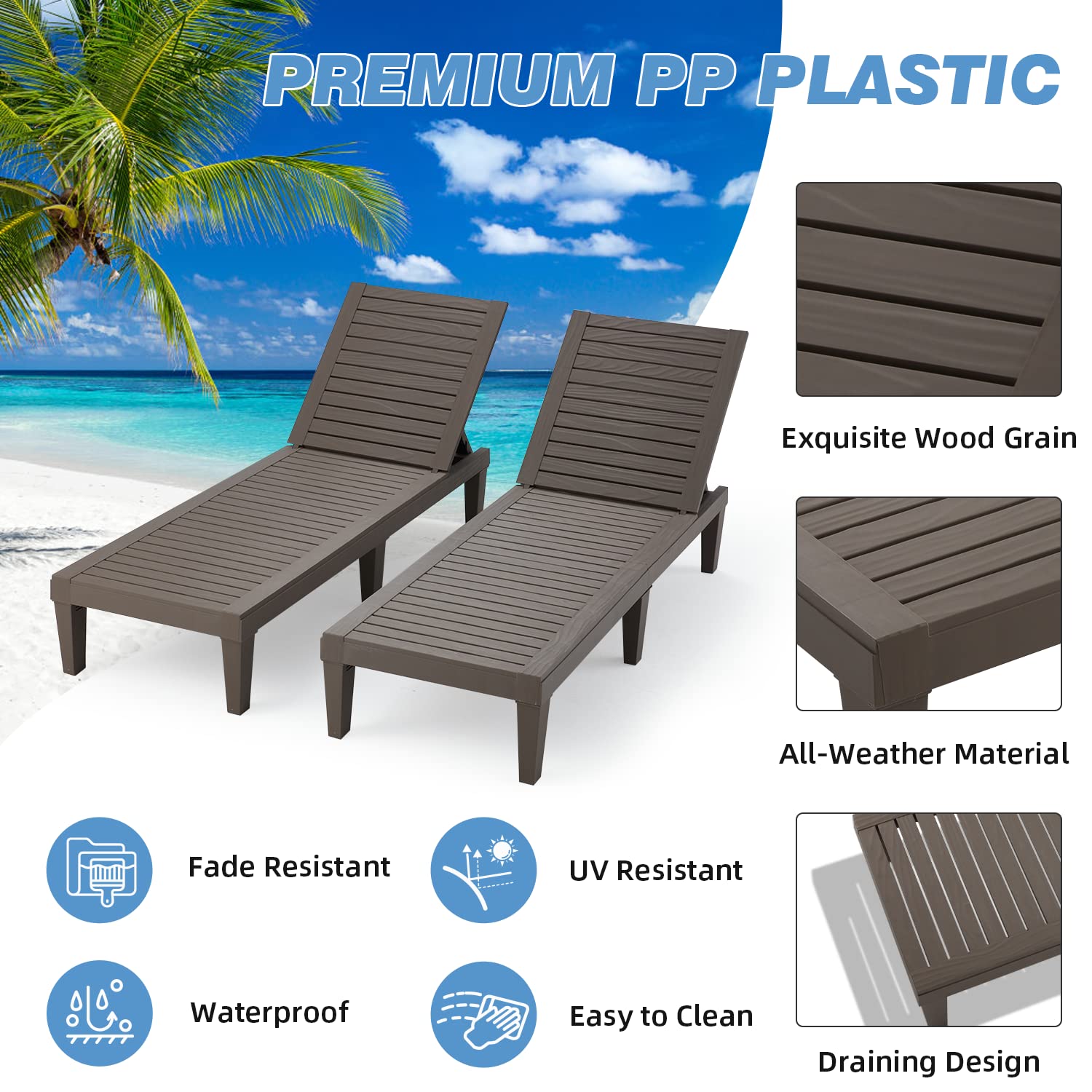 EROMMY 2-Pack Outdoor Chaise Lounge Chairs - All-Weather Patio Loungers with 5-Position Adjustable Backrest & Wood Texture Design - Reclining Chairs for Patio, Garden, Beach, Poolside, Balcony - Perfect for Sunbathing, Relaxing and Outdoor Lounging