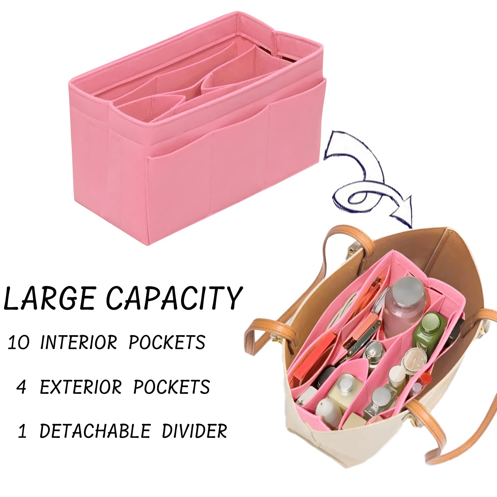 Felt Purse Organizer Insert with 14 Pockets - Small Pink Handbag Organizer for Tote Bags | Perfect for Travel, Work & Daily Essentials Organization