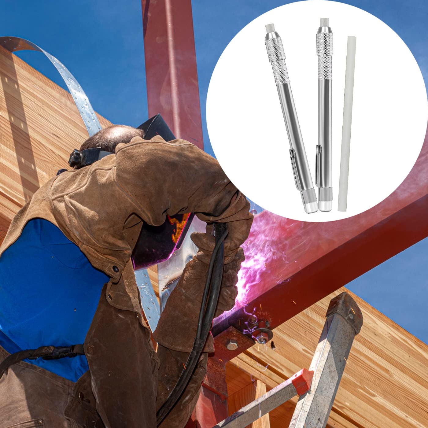 Gutimore Round Soapstone Holder Set - 2 Round Soapstone Pencils & 14 Refills for Welding, Metal Fabrication, Construction, Textile Marking | Ideal for Industrial Work, DIY Projects & Professional Metalworkers