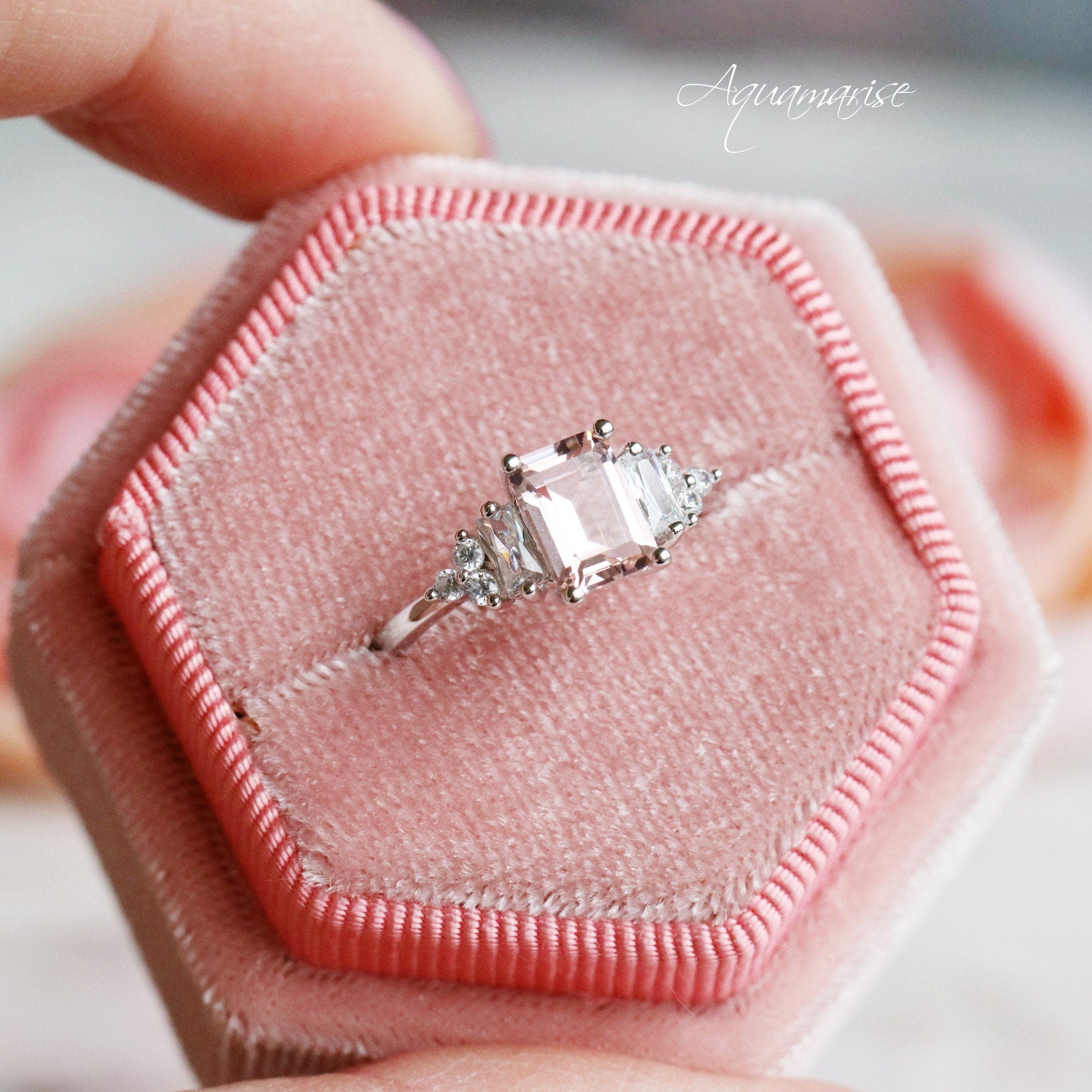 Amelia Morganite Ring in Sterling Silver – Elegant Rose Gold Plated Jewelry for Women, Perfect for Engagement, Wedding & Anniversary Gifts