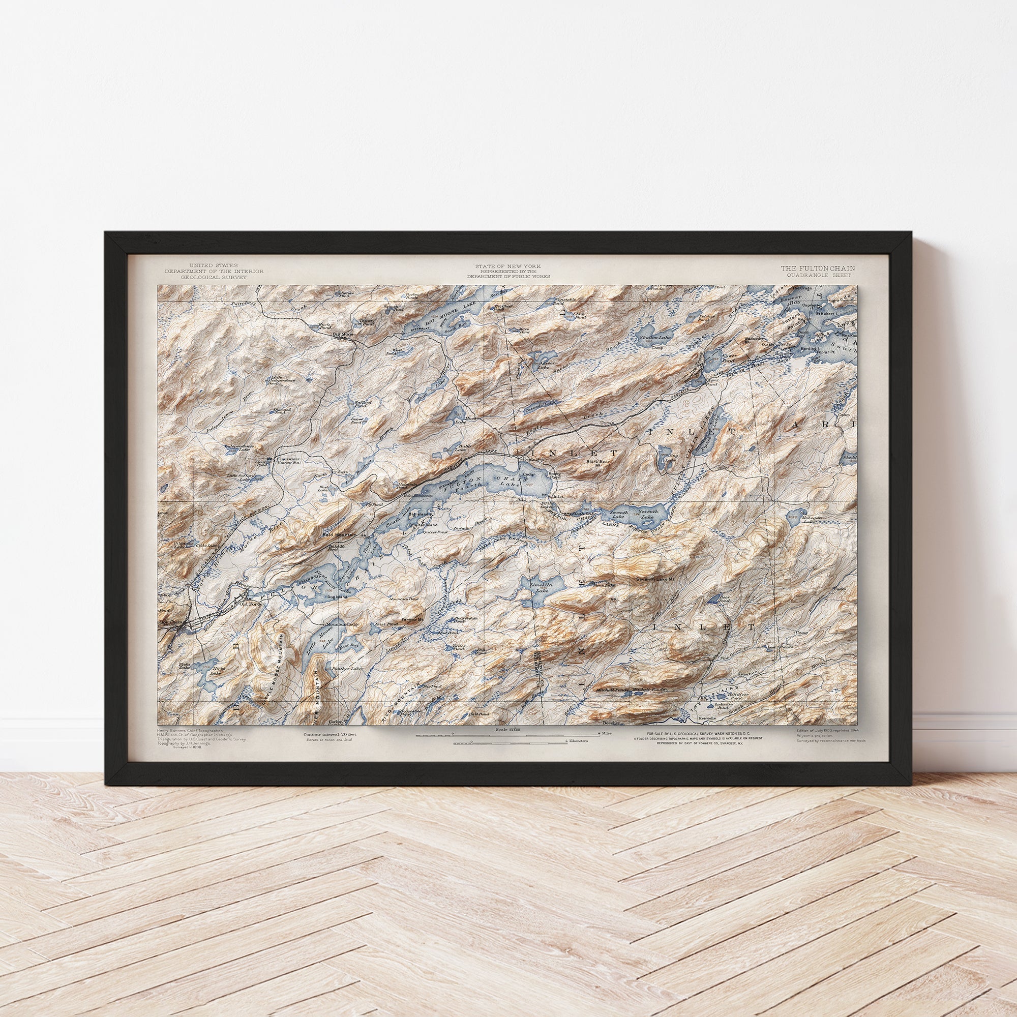 Vintage 1903 Fulton Chain NY Shaded Relief Map - Antique Wall Decor for Home, Office & Historical Collections