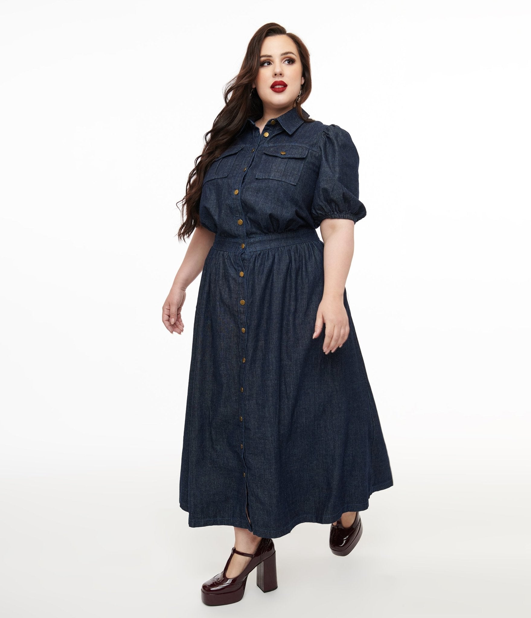 Plus Size Blue Denim Midi Dress for Women - Comfortable & Stylish Casual Outfit for Work, Date Night or Weekend Brunch