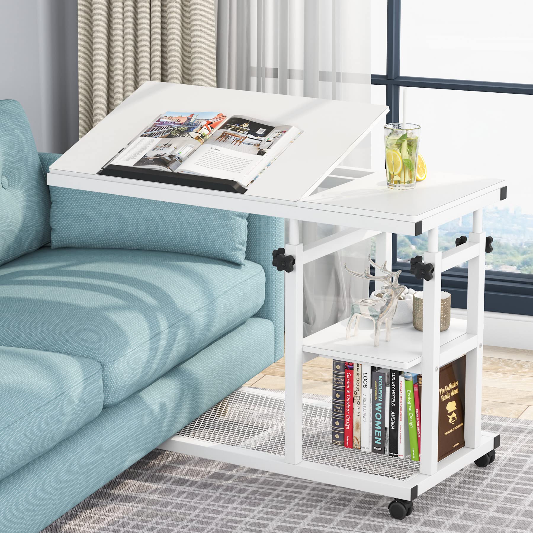 Tribesigns Adjustable Height C-Shaped End Table with Wheels - Mobile Sofa Side Table, Tiltable Drawing Board, Laptop Stand, and Storage Shelves for Living Room, Bedroom, Office (White) - Perfect for Snacking, Working, Drawing, and TV Watching