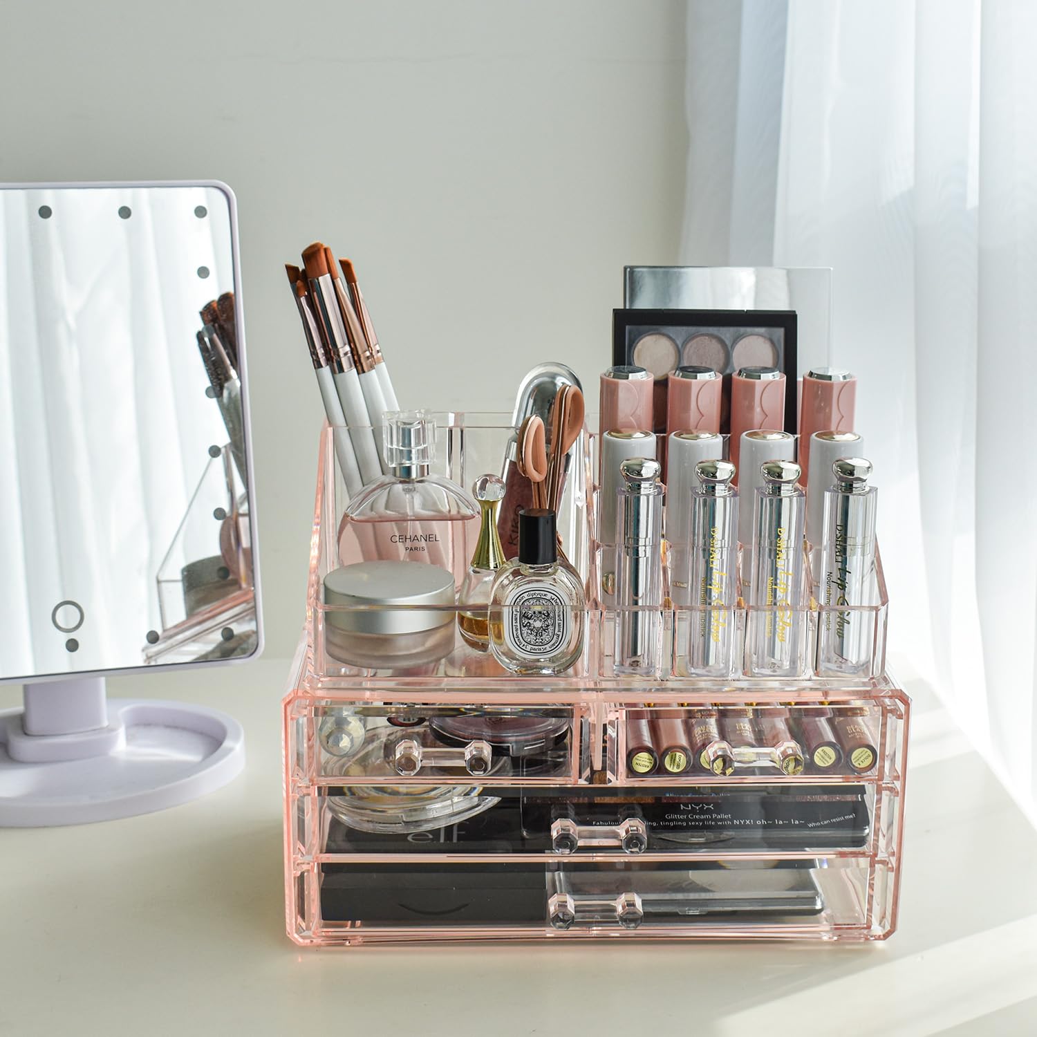 Ikee Design Pink Jewelry & Cosmetic Storage Display Boxes 2-Piece Set - Vanity Organizer Makeup Holder for Necklaces, Rings & Beauty Products | Perfect for Bedroom Dresser, Bathroom Counter & Travel