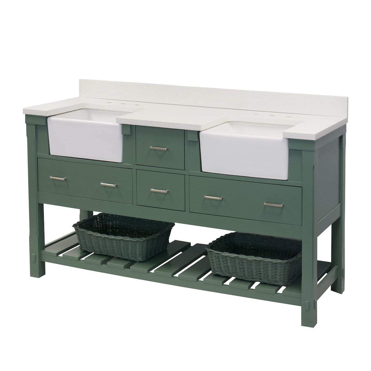Charlotte 72-inch Double Bathroom Vanity with Quartz Countertop & Sage Green Cabinet - White Ceramic Farmhouse Apron Sinks Included | Perfect for Modern Farmhouse, Coastal, or Transitional Bathroom Designs