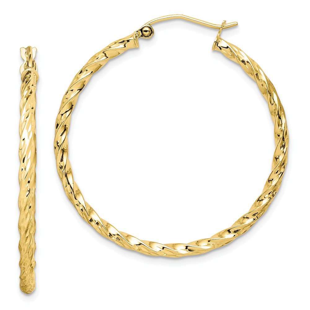 10K Yellow Gold Twisted Diamond Cut 35mm Hoop Earrings for Women - Elegant Dangle Hoops for Everyday Wear, Parties & Special Occasions