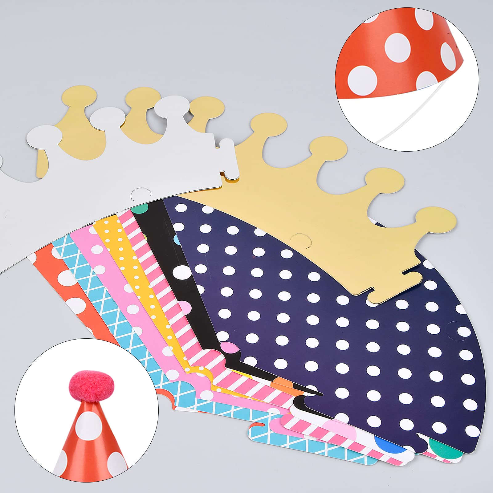 Chstarina 11-Piece Party Hat Set - Colorful Birthday Cone Hats with Pom Poms for Kids, Girls, Boys & Adults | Includes 9 Cone Hats + 2 Crowns | Perfect for Birthday Parties, Baby Showers & Festive Celebrations