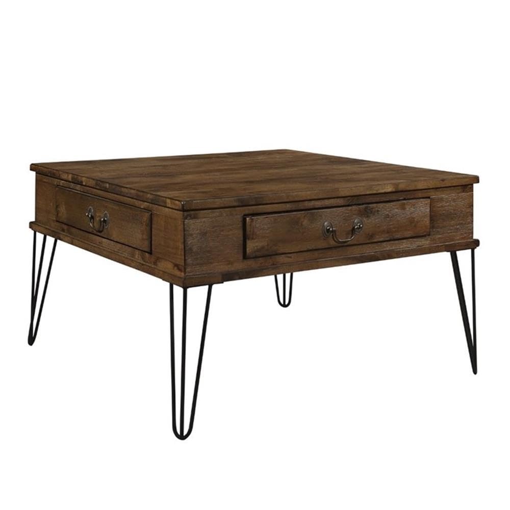 Rustic Oak and Black Lexicon Shaffner Wood 2-Drawer Square Coffee Table - Perfect for Living Room, Lounge, or Office Decor