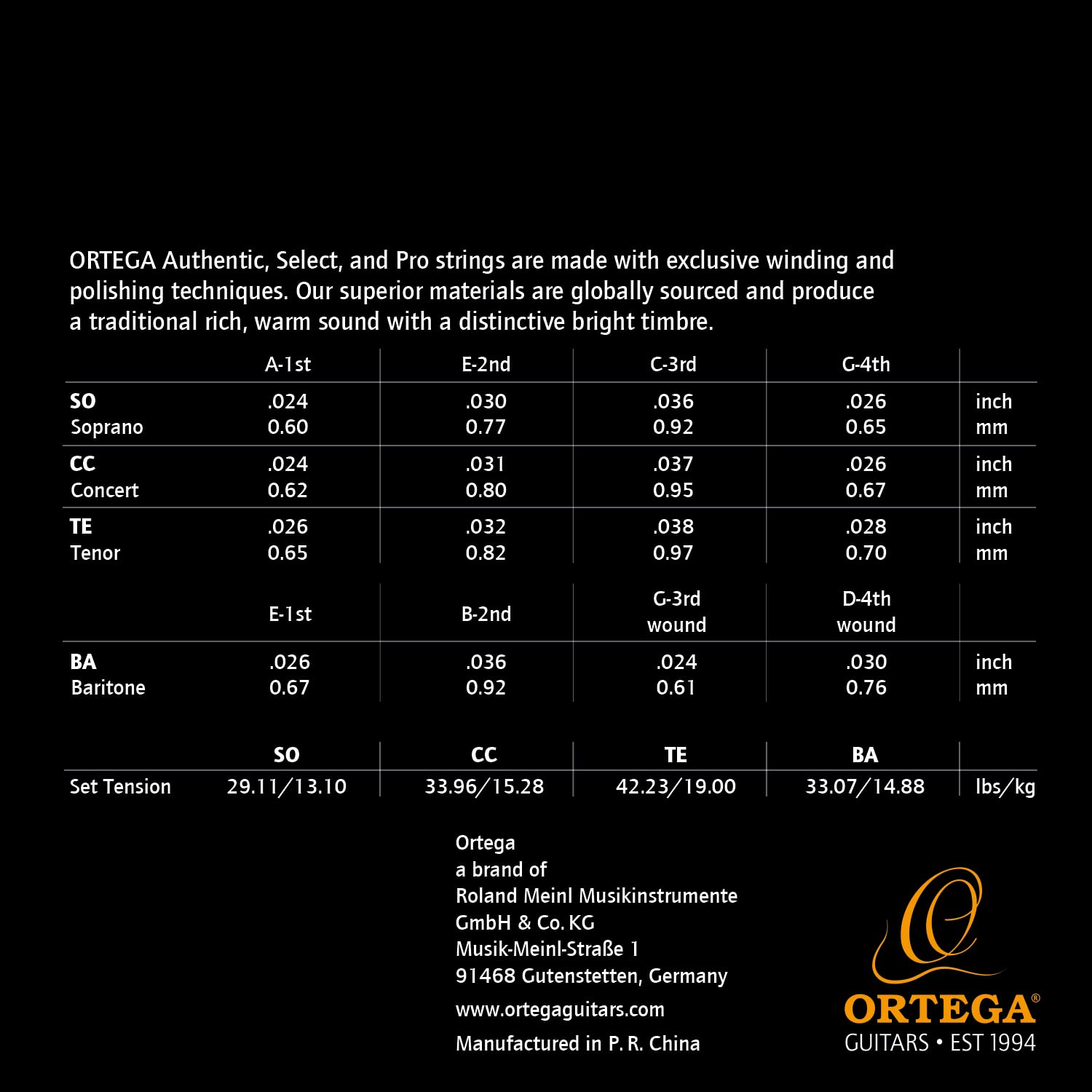 Ortega Guitars 4-String Acoustic Guitar Strings Set - High-Quality Nylon Strings for Classical & Flamenco Guitars - Perfect for Beginners & Professionals