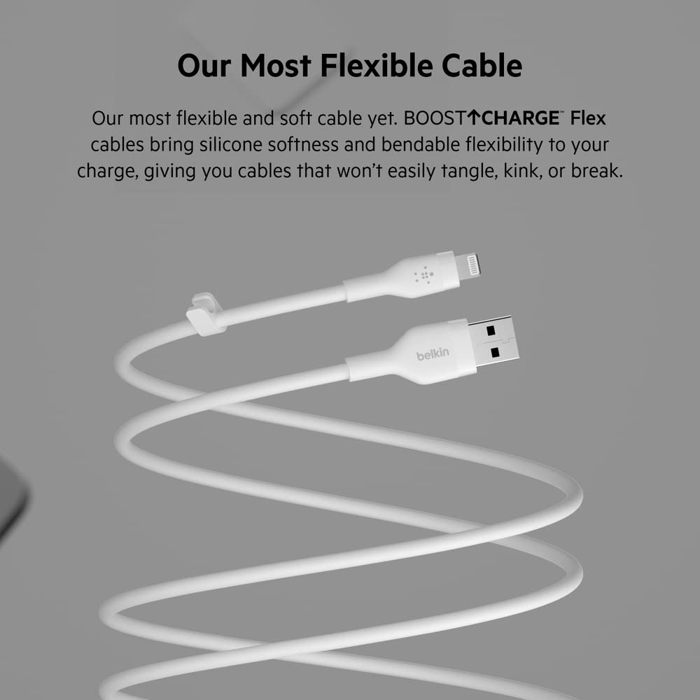 Belkin BoostCharge Flex Silicone USB-A to Lightning Cable (6.6FT/2M) - MFi Certified iPhone Charger for iPhone 14/13/12/11/X/8 & More - Durable & Tangle-Free with Cable Clip - Perfect for Home, Office & Travel - White