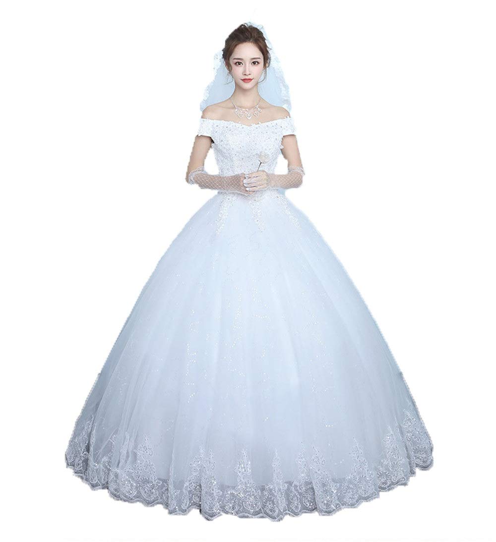 Elegant Off-The-Shoulder Lace Wedding Dress for Women - Floor Length Tulle Ball Gown Bride Dress in White (Size 4XL) | Perfect for Weddings, Evening Parties, Proms and Formal Occasions