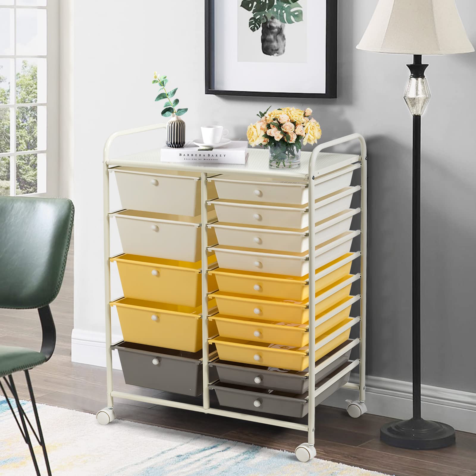 15-Drawer Rolling Cart Organizer with Lockable Wheels - 2-Sized Removable Storage Drawers for Art Supplies, Crafts, Files & Scrapbooking - Perfect for School, Home & Office Organization (Yellow)