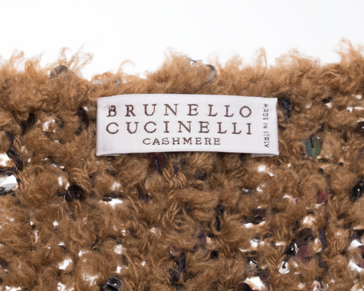 Brunello Cucinelli Women's Caramel Brown Sequin Embellished Textured Crop Sweater Size M - Perfect for Holiday Parties & Evening Events