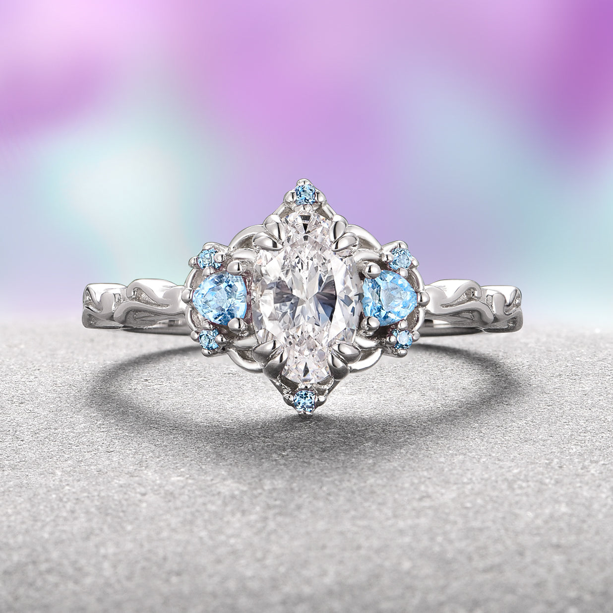 Stunning 14K White Gold Esme Moissanite & Aquamarine Ring for Women | Elegant Wedding, Engagement & Anniversary Jewelry Gift