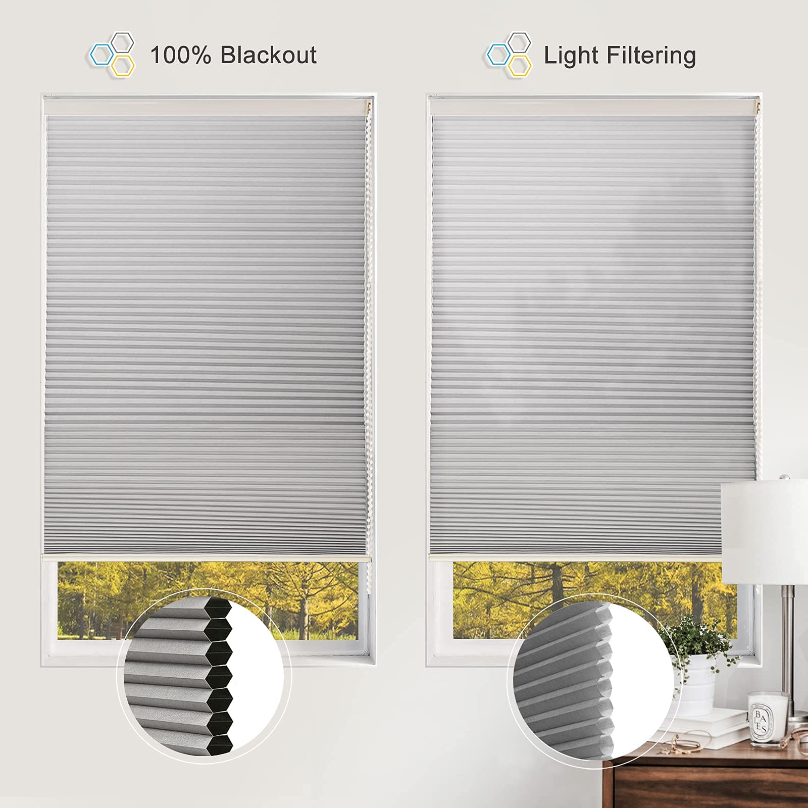 SUAKY Custom Honeycomb Blinds - Light Filtering Beige Cellular Shades for Windows, Bottom Up Design, Perfect for Living Rooms and Bedrooms