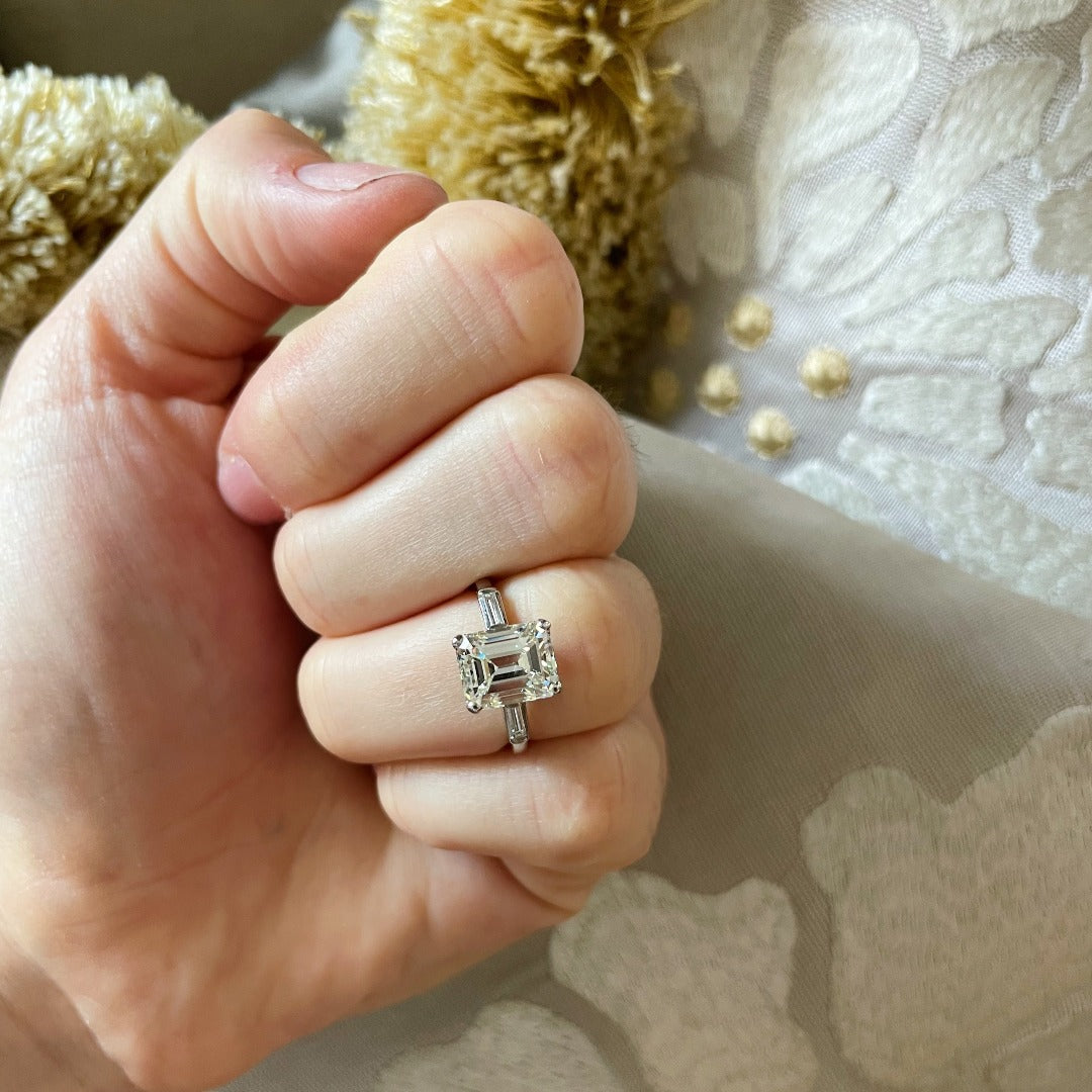 3ct Emerald Cut Diamond & .10ct Baguette Side Diamond Platinum Engagement Ring - Perfect for Wedding, Proposal, Anniversary and Special Occasions