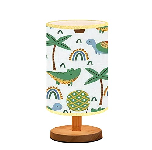 Crocodile & Turtle Illustration Minimalist Wooden Nightstand Lamp with Flaxen Fabric Shade - Bedside Table Light for Bedroom, Living Room, Nursery & Breastfeeding - Modern Desk Lamp for Home Office & Reading