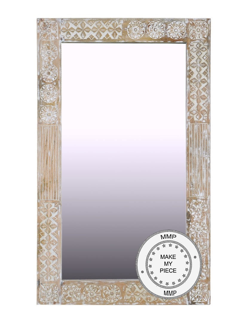 Hand Carved Whitewashed Wooden Mirror - Indian Boho Decor for Bedroom, Living Room & Entryway - Vintage Wall Mirror with Rustic Farmhouse Style