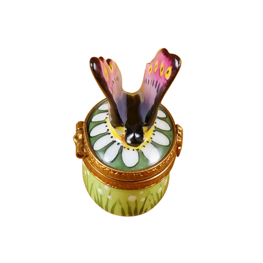 Limoges Porcelain Butterfly on Daisy Trinket Box - Hand-Painted French Collectible for Home Decor & Gift Giving