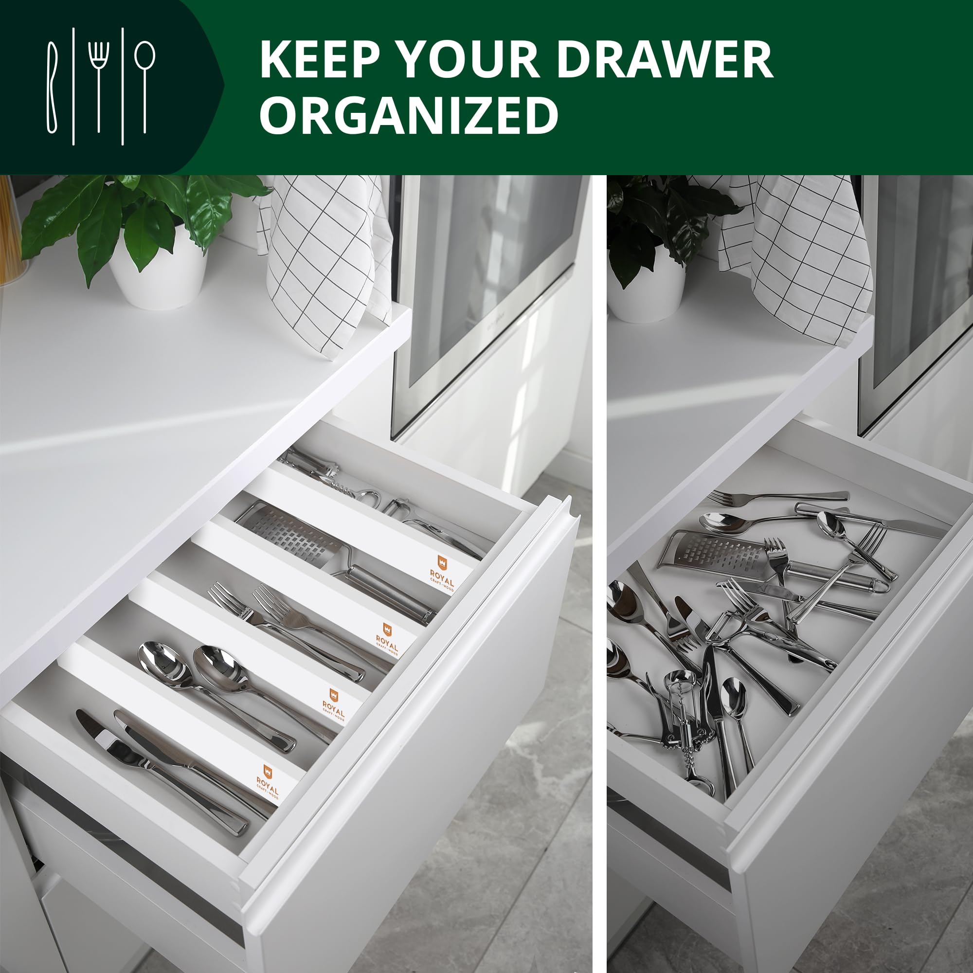 ROYAL CRAFT WOOD Adjustable Bamboo Drawer Organizer - Expandable Kitchen, Bathroom & Office Storage Solution - 4-Pack White Drawer Dividers (Fits up to 22