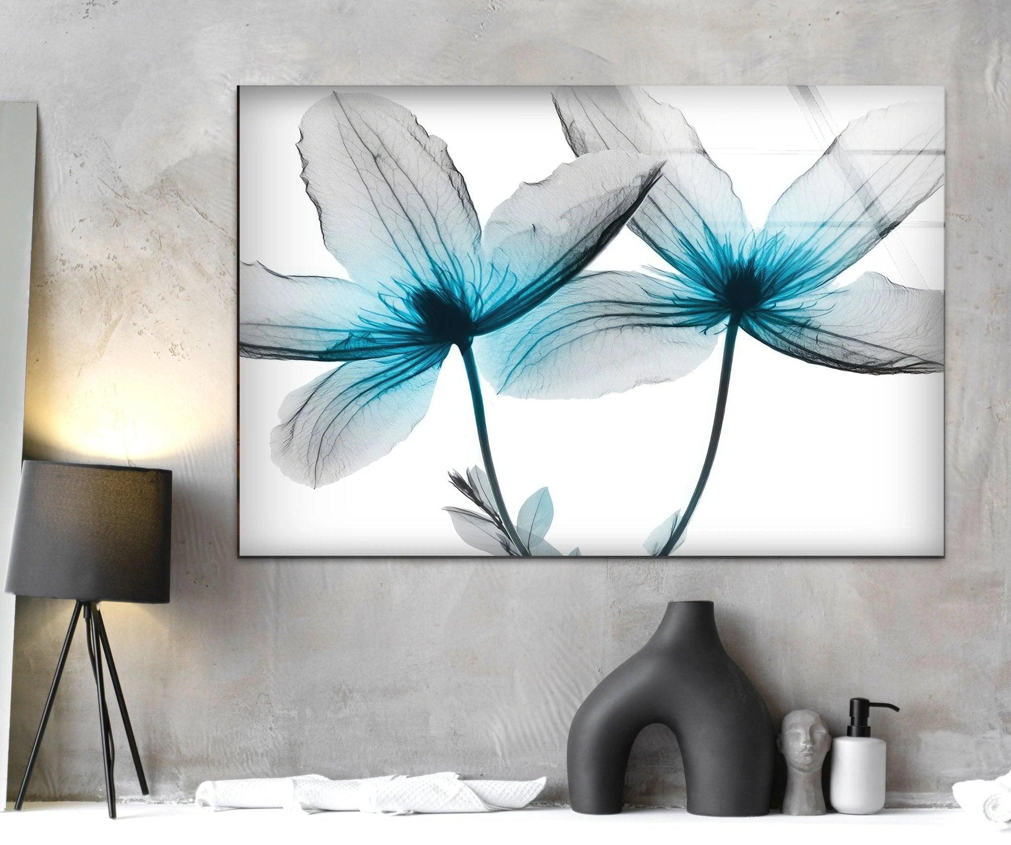 Albert Koetsier Blue X-Ray Flower Glass Wall Art - Modern Home Decor for Living Room, Bedroom & Office - Unique Handmade Glass Artwork
