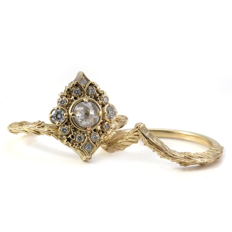 14k Gold Nova Rose Cut Diamond Engagement Ring Set - Custom Diamond Selection for Witch Wedding & Gothic Bridal Jewelry