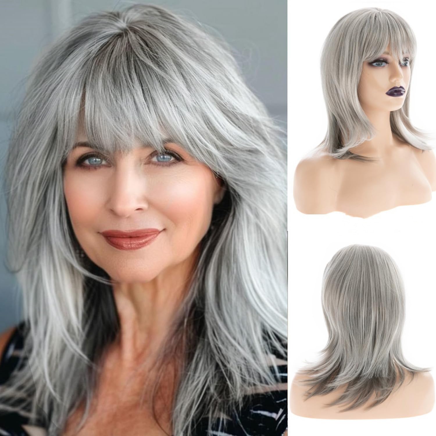 Long Gray Wigs for Women - Natural Straight Synthetic Hair Wig with Bangs | Perfect for Daily Wear, Cosplay & Halloween Costumes