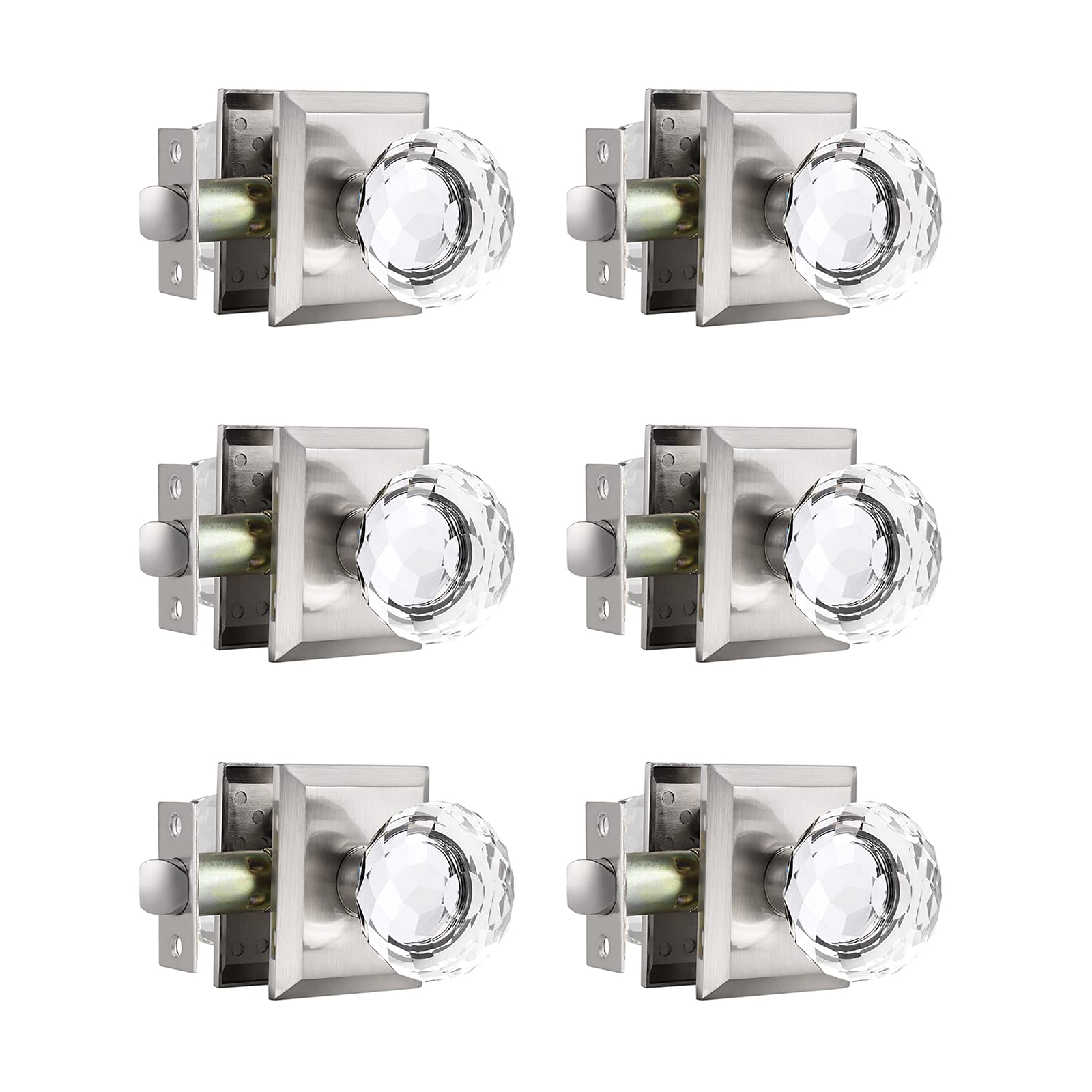 Premium Brushed Nickel Door Knob Set - 6 Pack Keyless Interior Door Handles with Round Diamond Crystal Glass, Heavy Duty Passage Knobs for Bedroom, Closet & Hall Doors | Elegant Home & Office Upgrade