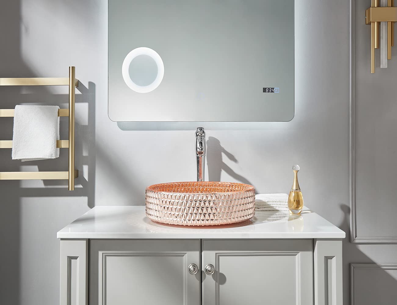 Rose Gold Sparkle Crystal Glass Vessel Sink with Pop Up Drain - Modern LIMONIUM SINENSE Vanity Countertop Sink Bowl for Bathroom Remodeling | Elegant Bathroom Upgrade for Master Suite, Guest Bath & Powder Room