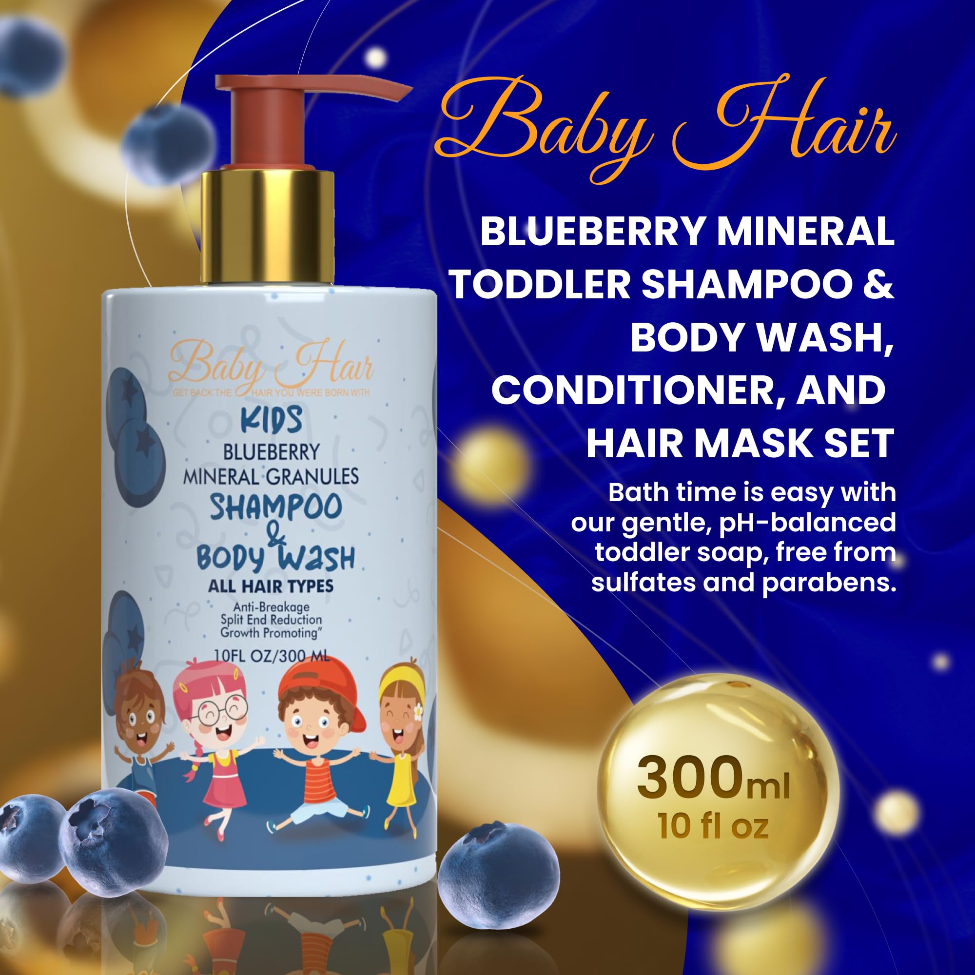 Blueberry Mineral Kids Shampoo & Body Wash - Sulfate-Free, Tearless Baby Hair Care with Blueberry, Strawberry Oil & Aloe Vera (10 fl.oz) | Gentle Cleansing for Sensitive Skin, Perfect for Daily Bath Time & Toddler Hair Care