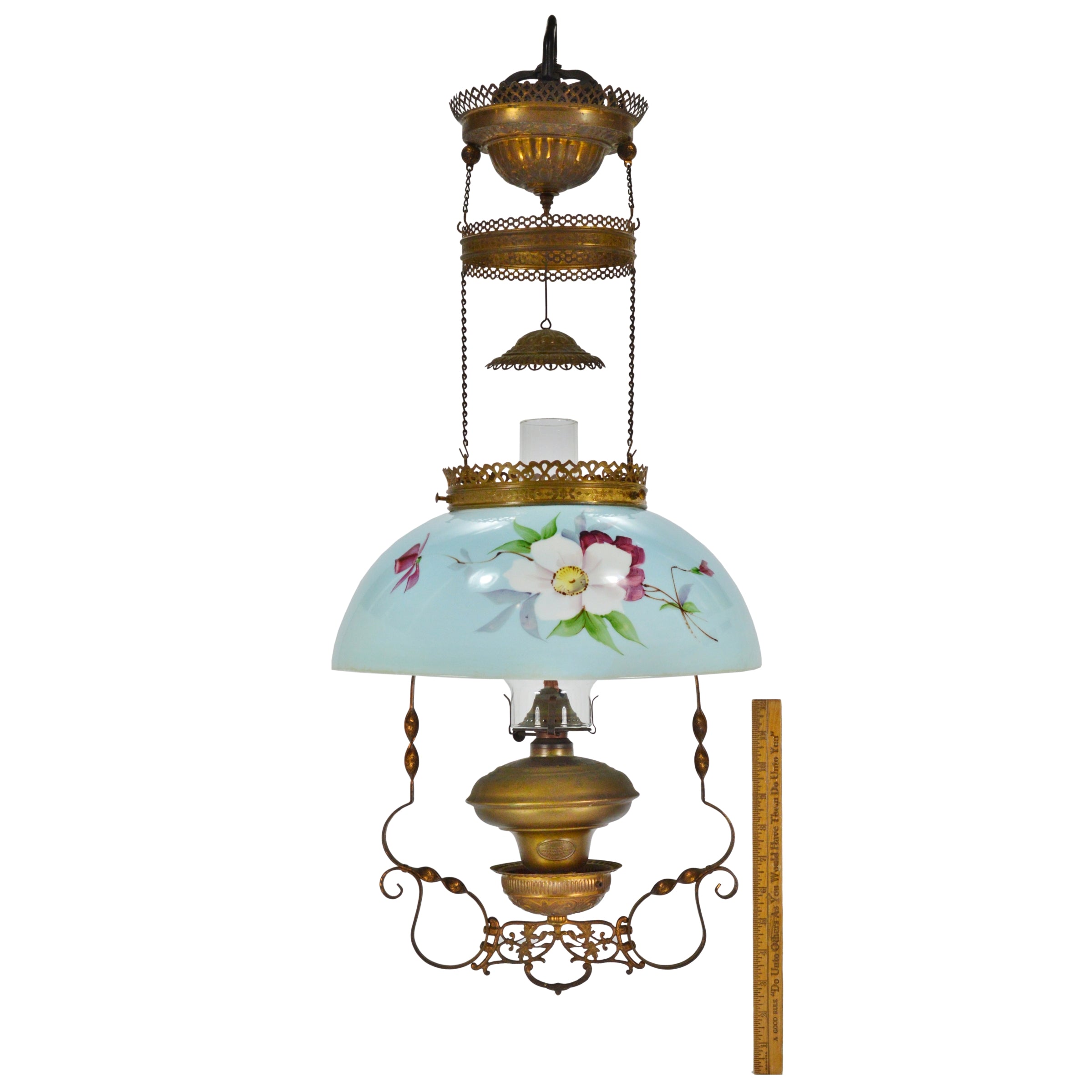Antique Cornelius & Co. Hurricane Gas Lamp with Floral Glass Shade - Converted Vintage Lighting c.1849 - Perfect for Home Decor, Garden Parties & Historical Reenactments
