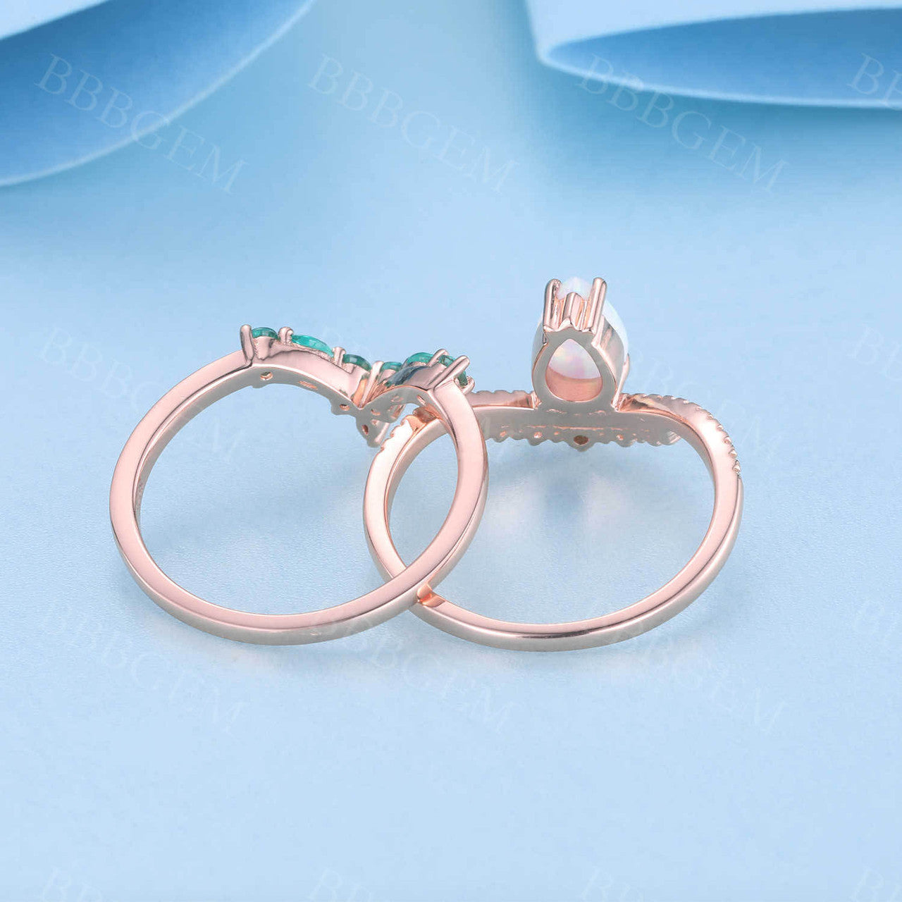 14K Rose Gold Opal Emerald Engagement Ring Set - Unique Stacking Band for Women, Perfect for Anniversaries, Weddings & Special Occasions