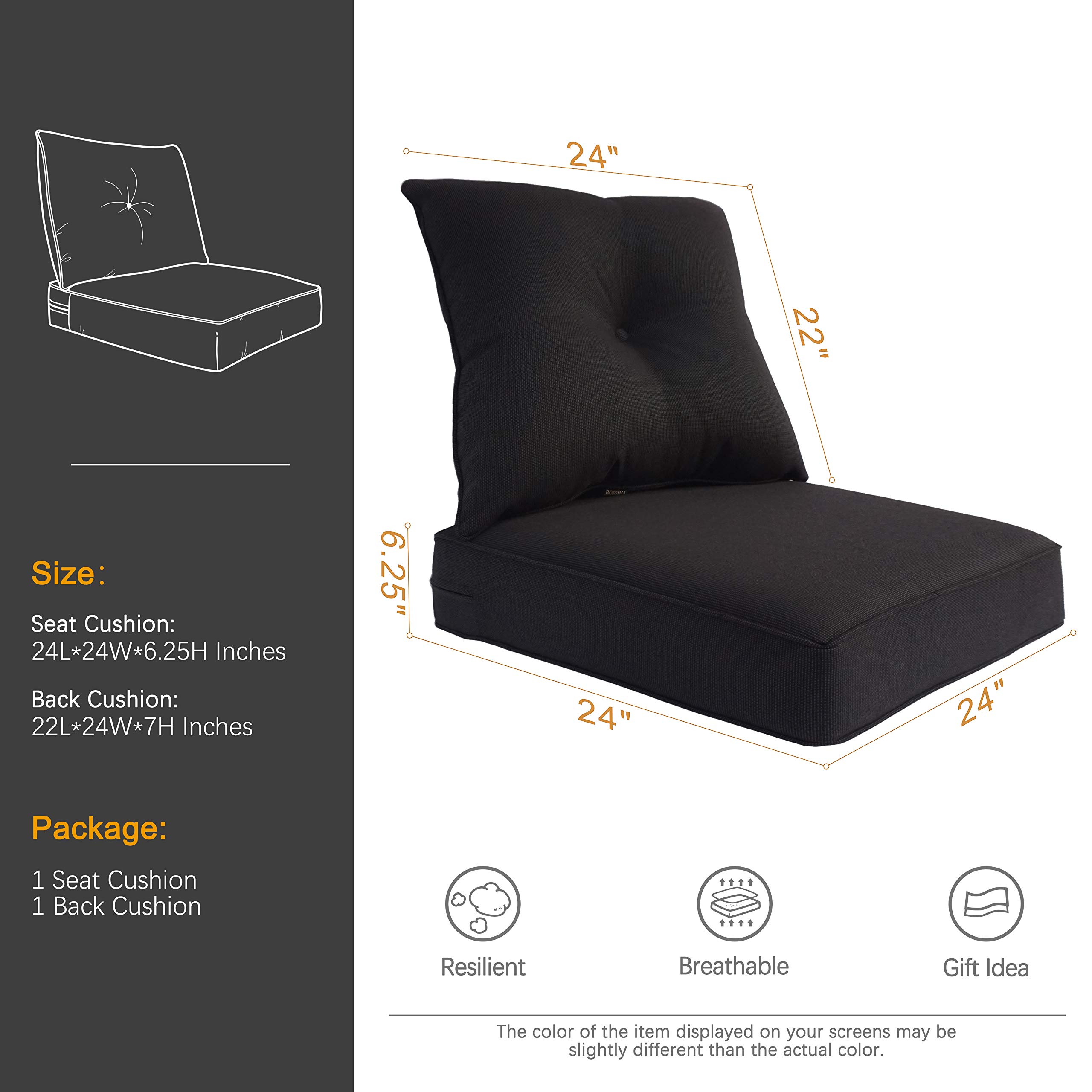BOSSIMA Indoor Outdoor Deep Seat Chair Cushion Set - Spring Summer Seasonal Replacement Cushions (Olefin Light Grey) - Perfect for Patio, Deck, Porch & Living Room Furniture