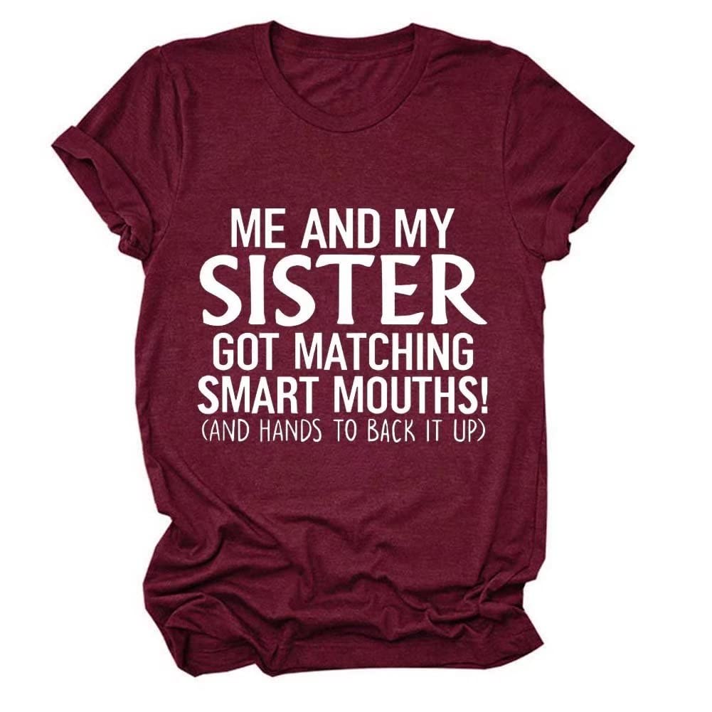 Women's Short Sleeve Sister T-Shirt - Matching Letter Print Crewneck Tee for Sisters | Cute Summer Casual Top for Twin Sister Gifts, Best Friend Outfits & Family Reunions