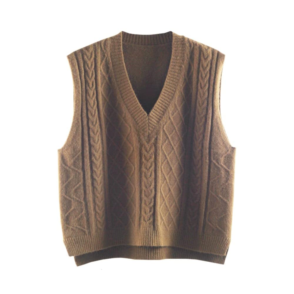 Women's Beige V-Neck Sweater Vest - Large Size Solid Color Twist Jacquard Knit Waistcoat with Irregular Split Design | Loose Sleeveless Preppy Style Jumper for Work, School & Casual Outfits