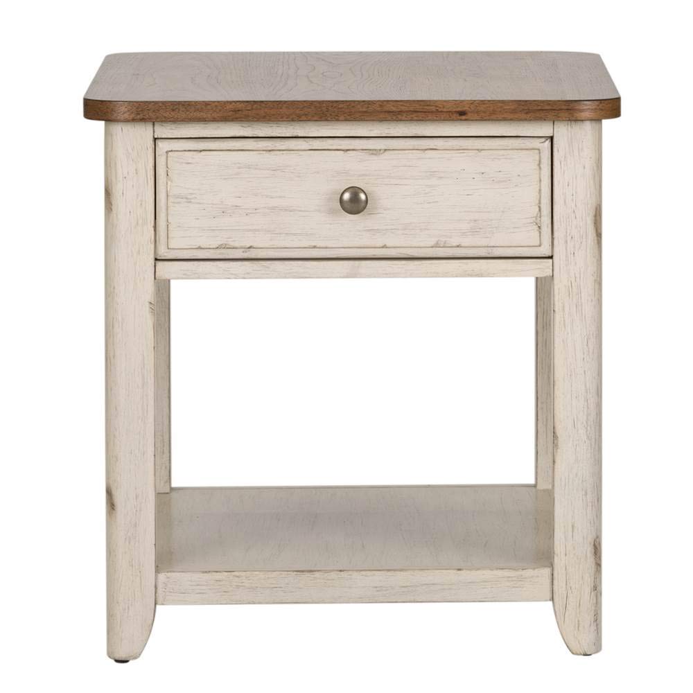 Farmhouse Style End Table with Storage Basket - White Distressed Finish - 24