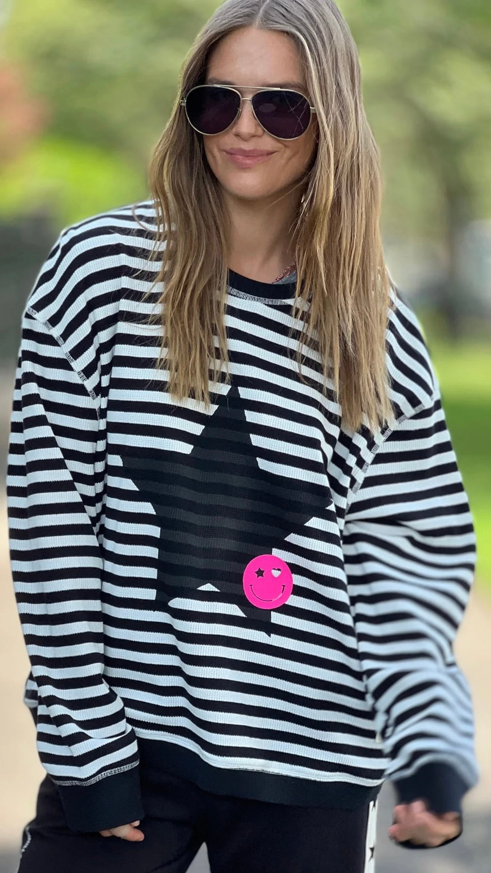 Star Stripe Black & White Waffle Knit Top for Women | Casual Long Sleeve Shirt | Perfect for Fall Layering & Coffee Dates