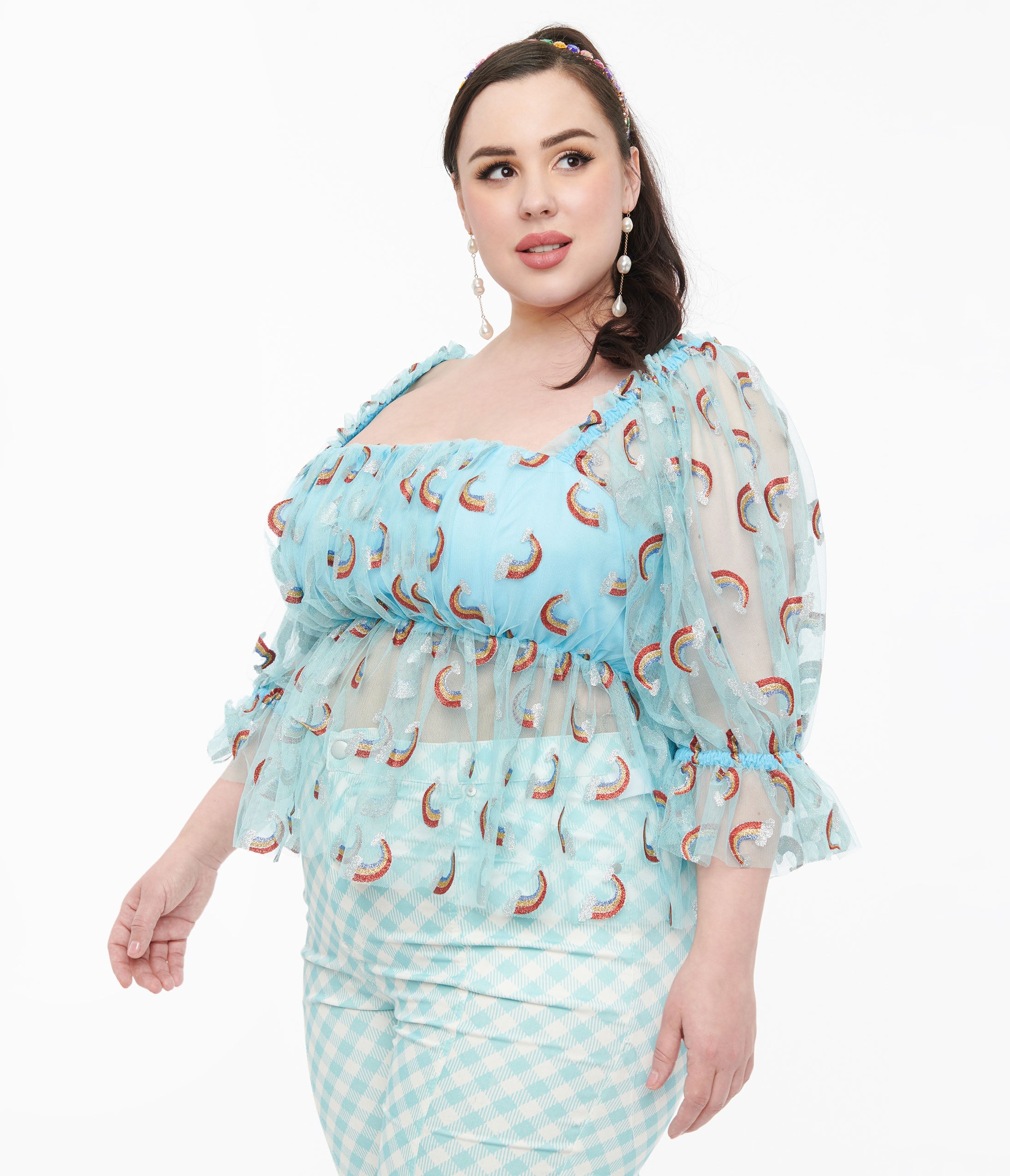 Smak Parlour Plus Size 1960s Vintage Sky Blue Glitter Rainbow Mesh Ruffle Babydoll Top | Retro Party Outfit & Festival Fashion