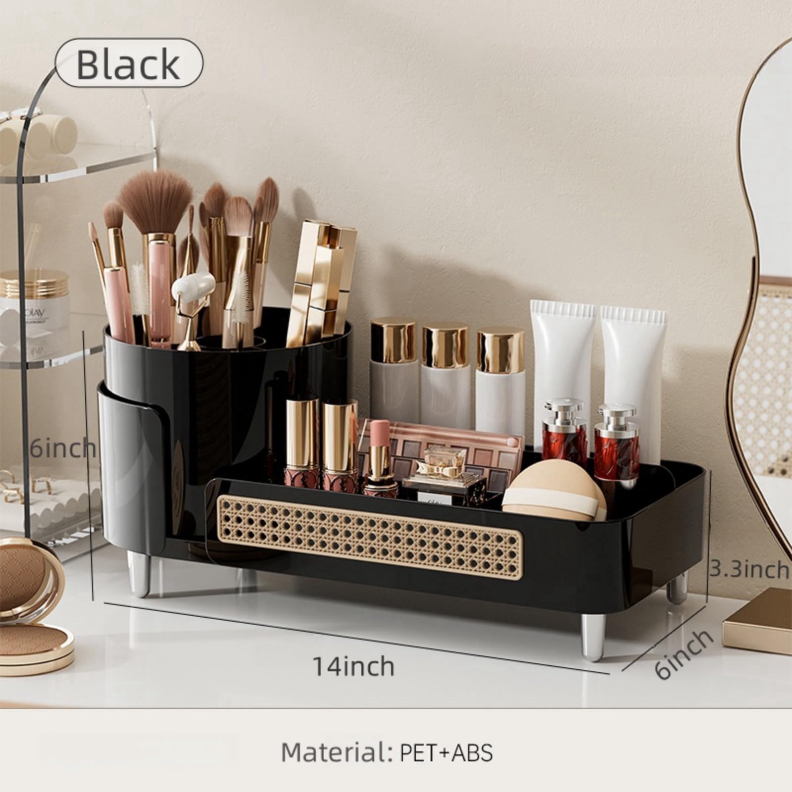 Rotating Makeup Organizer with Large Capacity - 2-in-1 Cosmetic Storage for Vanity & Bathroom | Black Makeup Display Case for Countertop - Perfect for Organizing Lipsticks, Brushes & Skincare Products