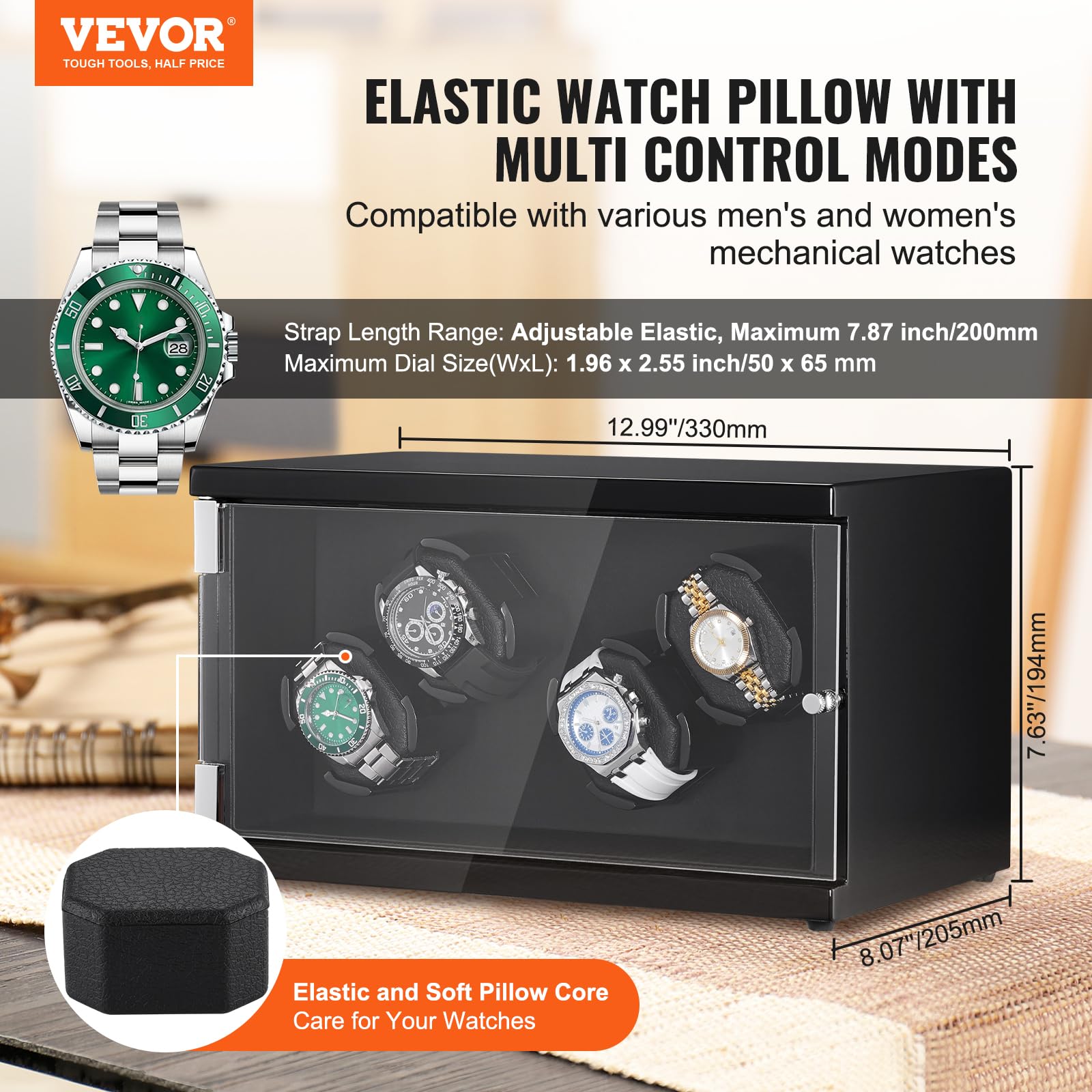 VEVOR 4 Watch Winder Box - Silent Japanese Motor, LED Light, Adjustable Rotation Speed & Direction for Automatic Watches | Perfect for Rolex, Omega, Breitling Storage & Display | Luxury Watch Care Solution for Home & Office