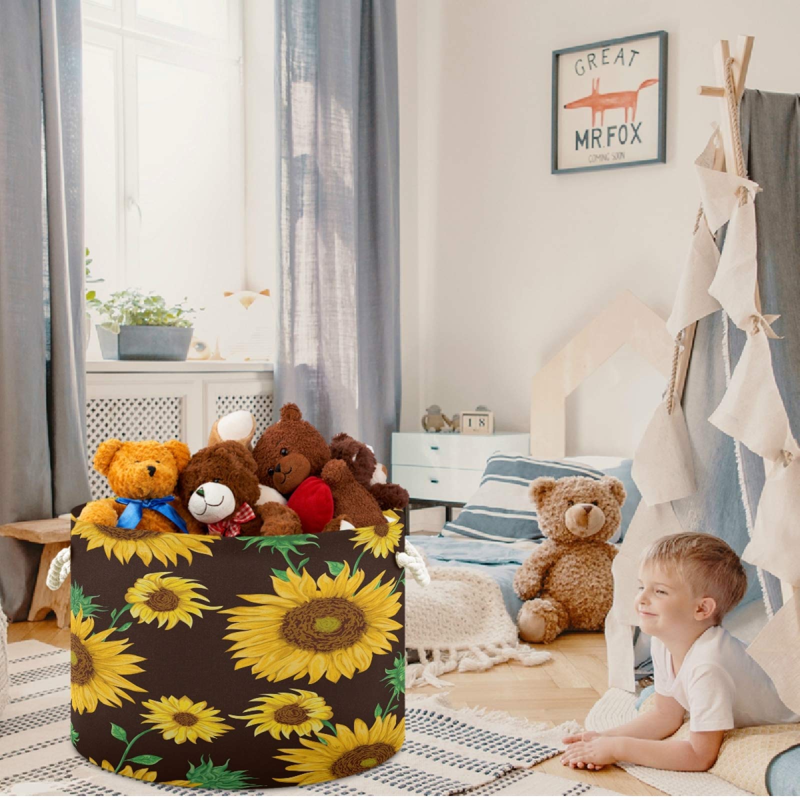 Visesunny Classic Sunflower Canvas Storage Basket - Waterproof Toy Organizer Bin, Nursery Hamper & Laundry Basket for Kids Room, Playroom, Shelves | Perfect for Toy Storage, Gift Wrapping & Home Organization