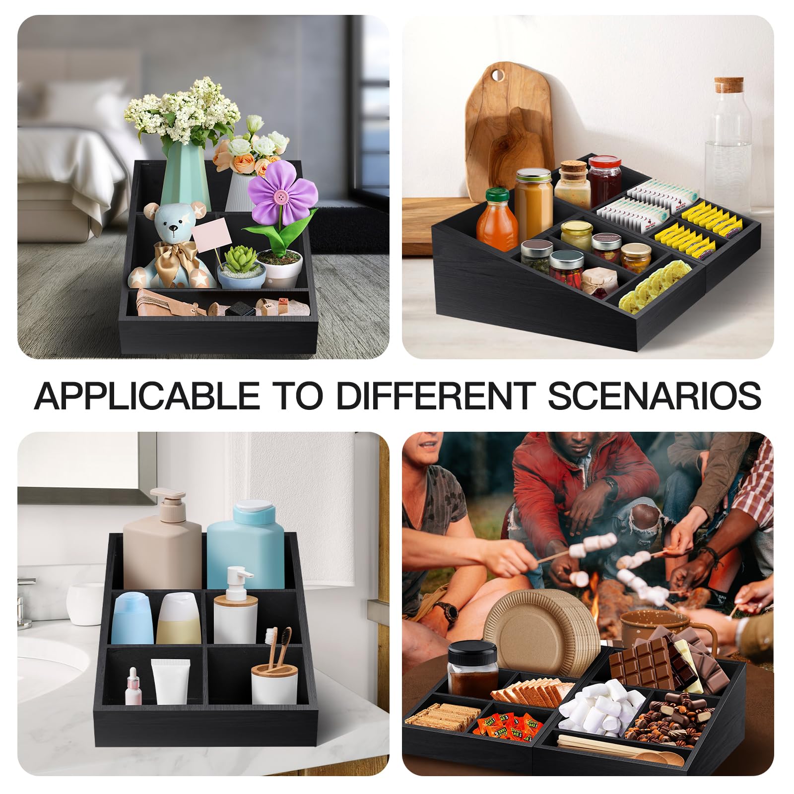 9-Compartment Wooden Coffee Station Organizer & Condiment Tray - Countertop Coffee Bar Storage for Home, Office & Breakroom (Two-in-One Black) - Perfect for Espresso Machines, Keurig Stations & Kitchen Counter Organization