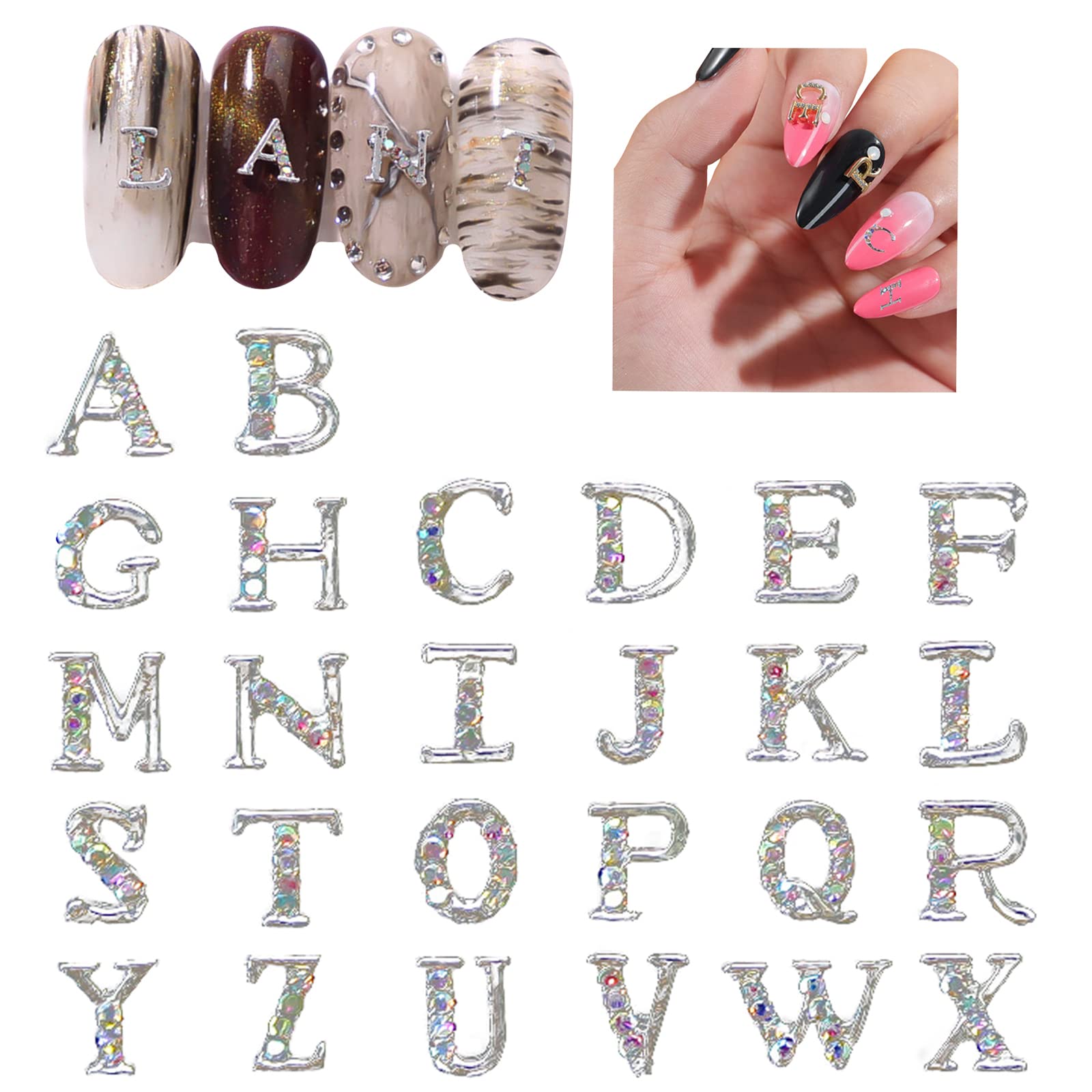 52Pcs Silver Alphabet Nail Charms Rhinestones - 3D Alloy Letter Nail Studs for DIY Nail Art | HOINCO Nail Gems for Professional & Home Manicure, Perfect for Parties, Weddings, and Special Occasions