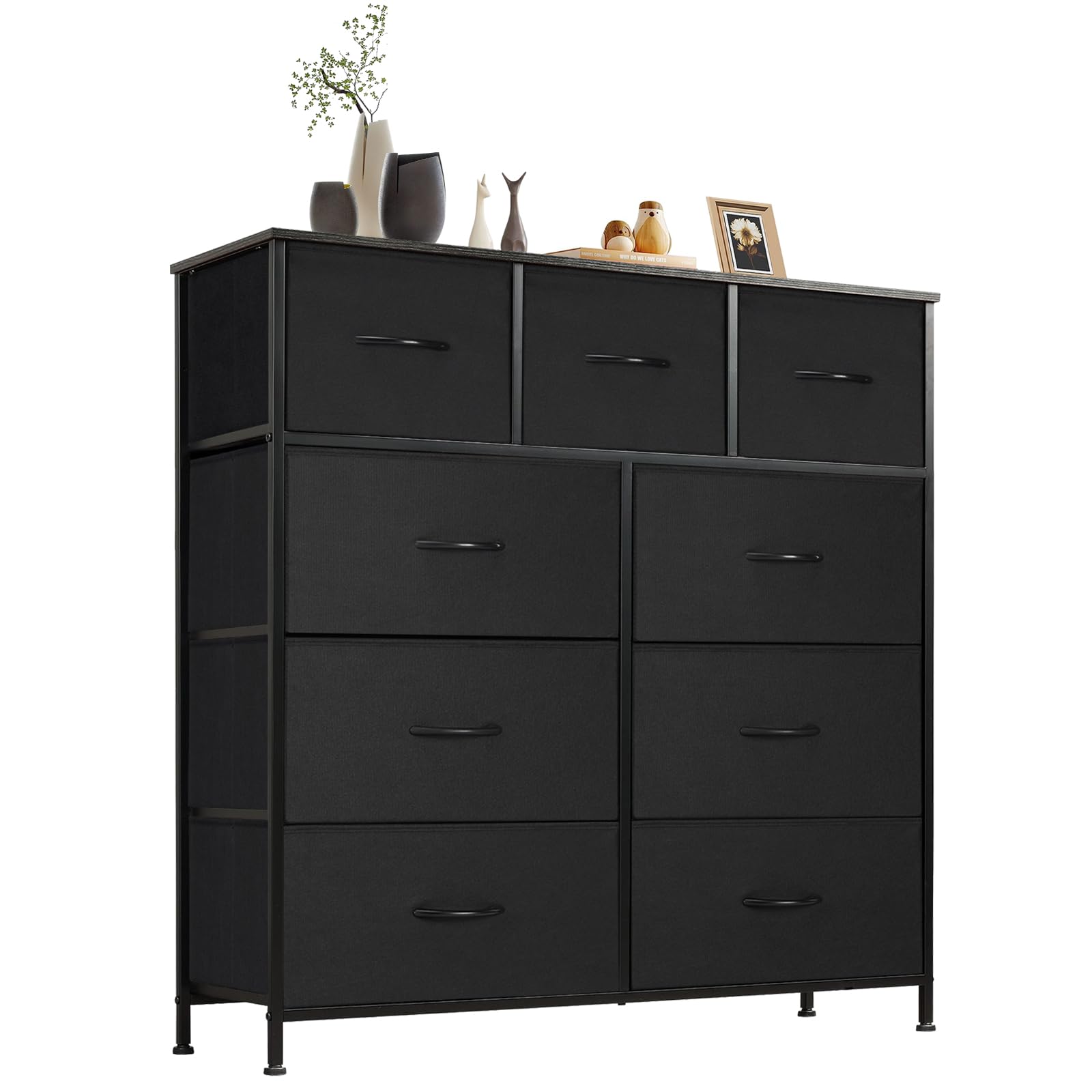 Sweetcrispy 9-Drawer Fabric Dresser for Bedroom - Tall Clothing Storage Organizer with Cabinet, Metal Frame & Wooden Top - Lightweight Nursery Furniture in Black - Perfect for Closet, Kids Room & Small Space Organization