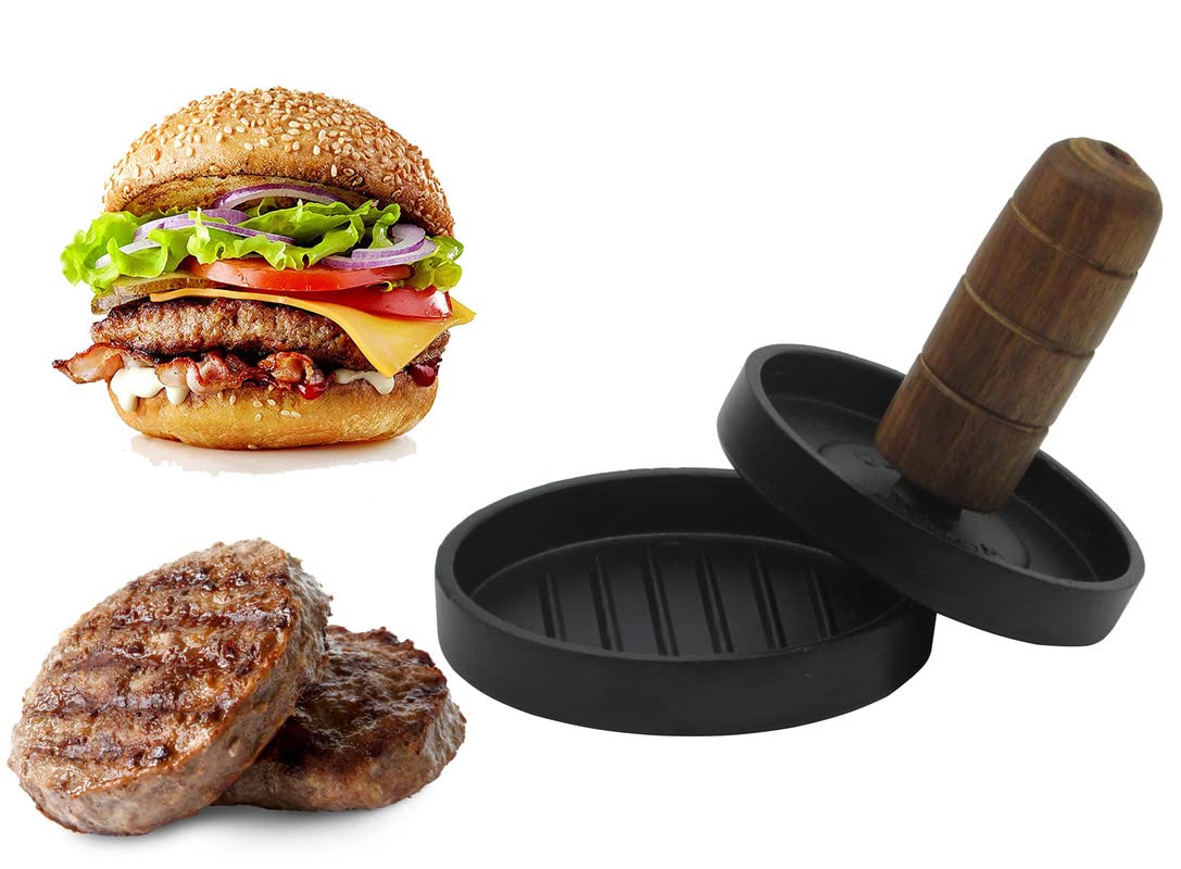 Olrada Round Hamburger Press Patty Maker - Heavy Duty Cast Aluminum Burger Mold for Perfect Homemade Burgers (1-Piece, Black) - Ideal for BBQ, Backyard Grilling & Restaurant Use
